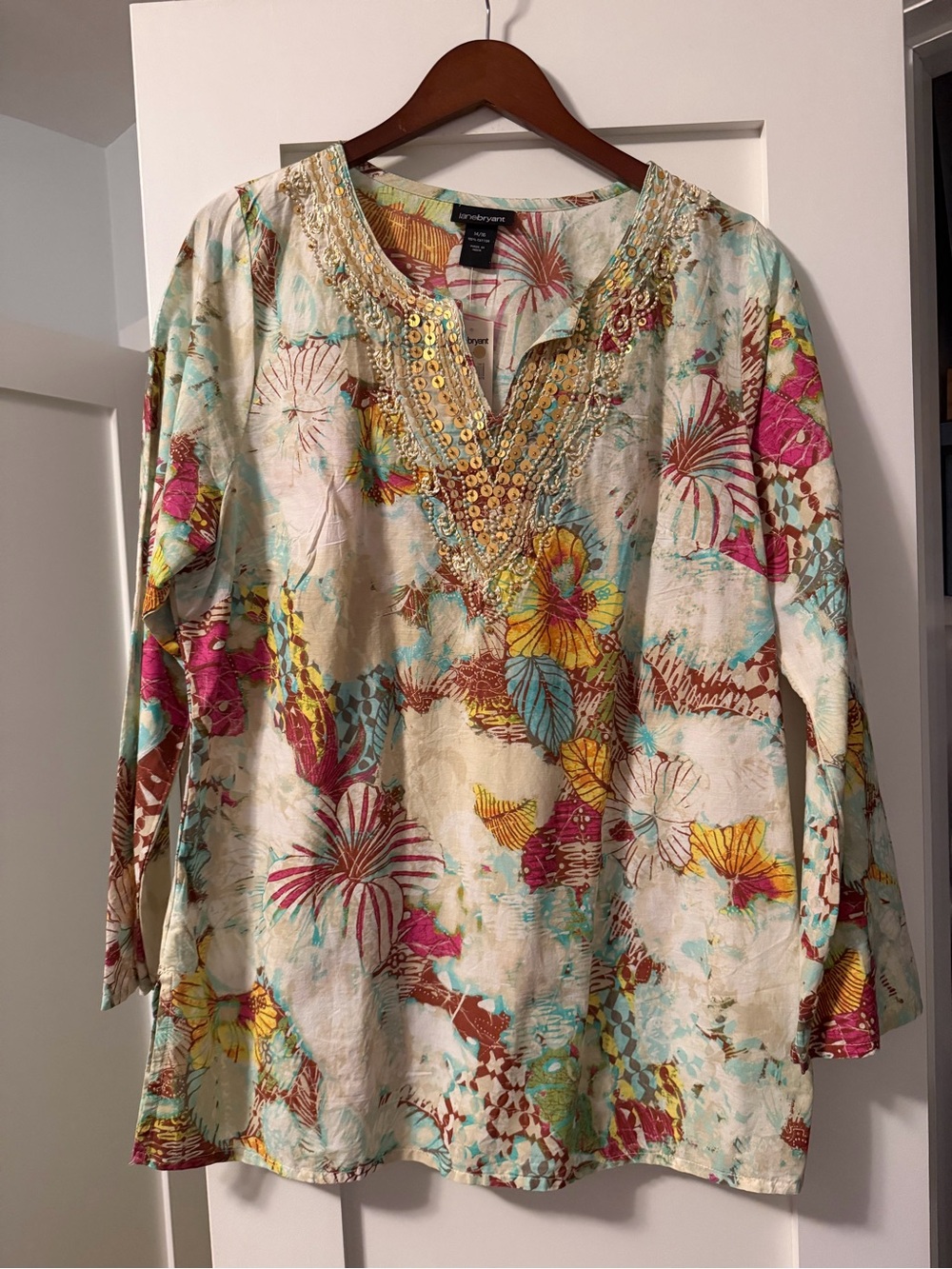 Lane Bryant Cream Floral Sequin-Embellished Tunic